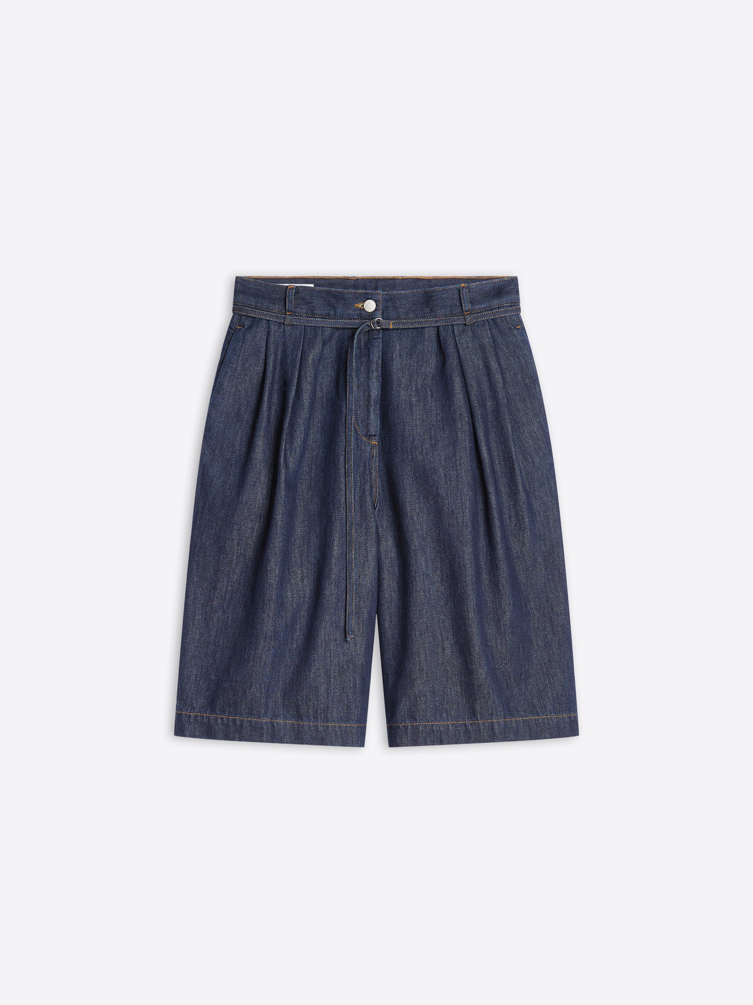 Blue denim shorts on a white background