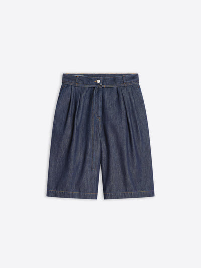 Blue denim shorts on a white background
