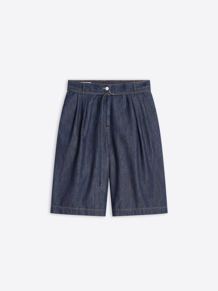 Blue denim shorts on a white background