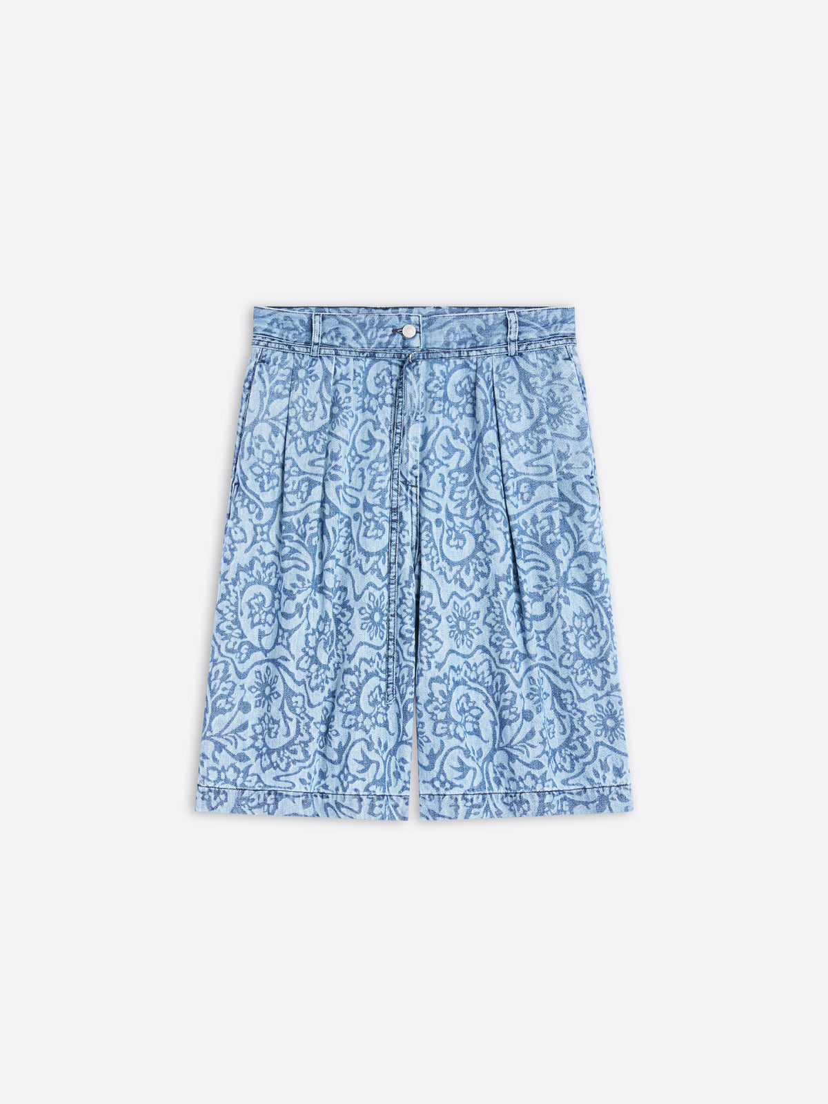 Blue patterned shorts on a white background