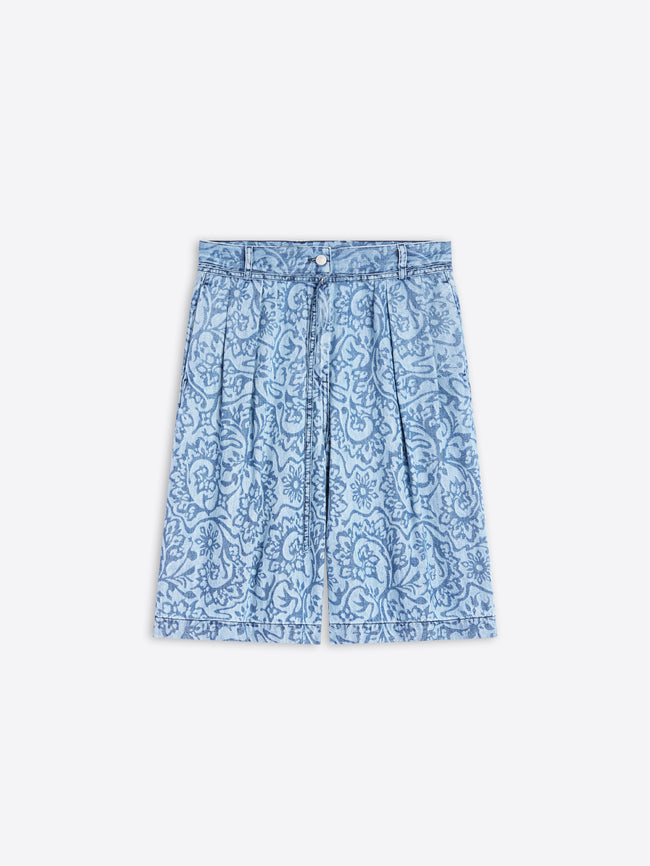 Blue patterned shorts on a white background