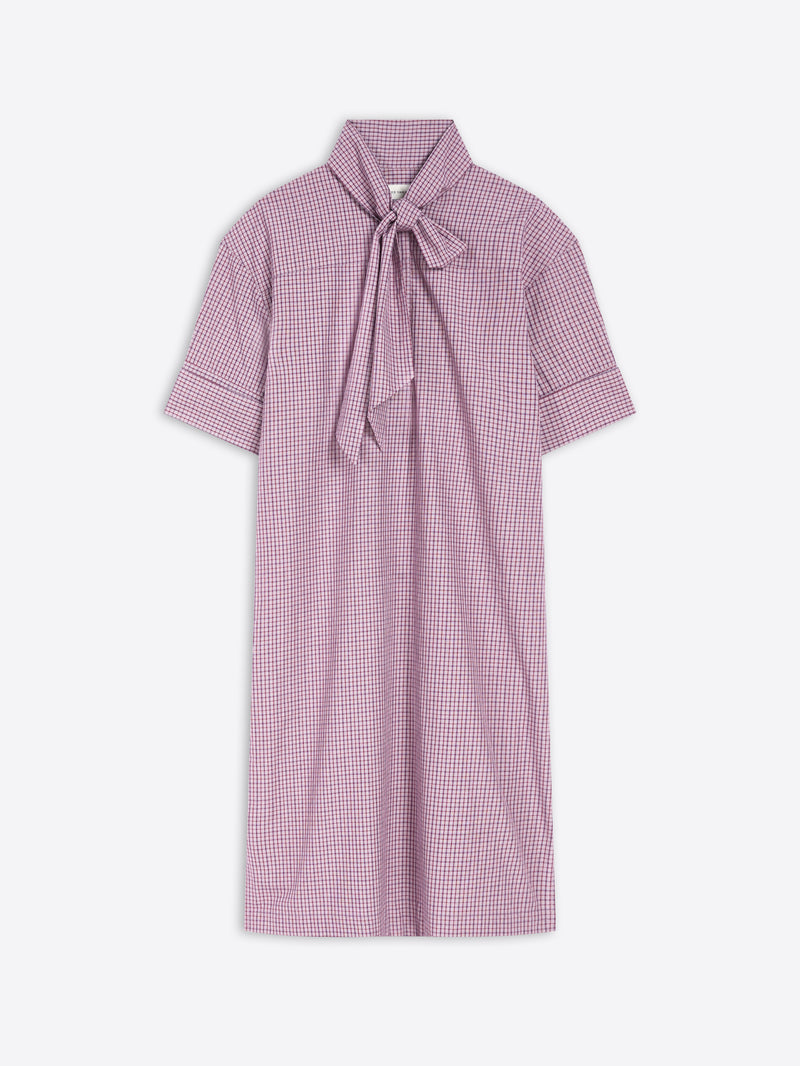 Purple checkered dress with a bow neckline on a white background