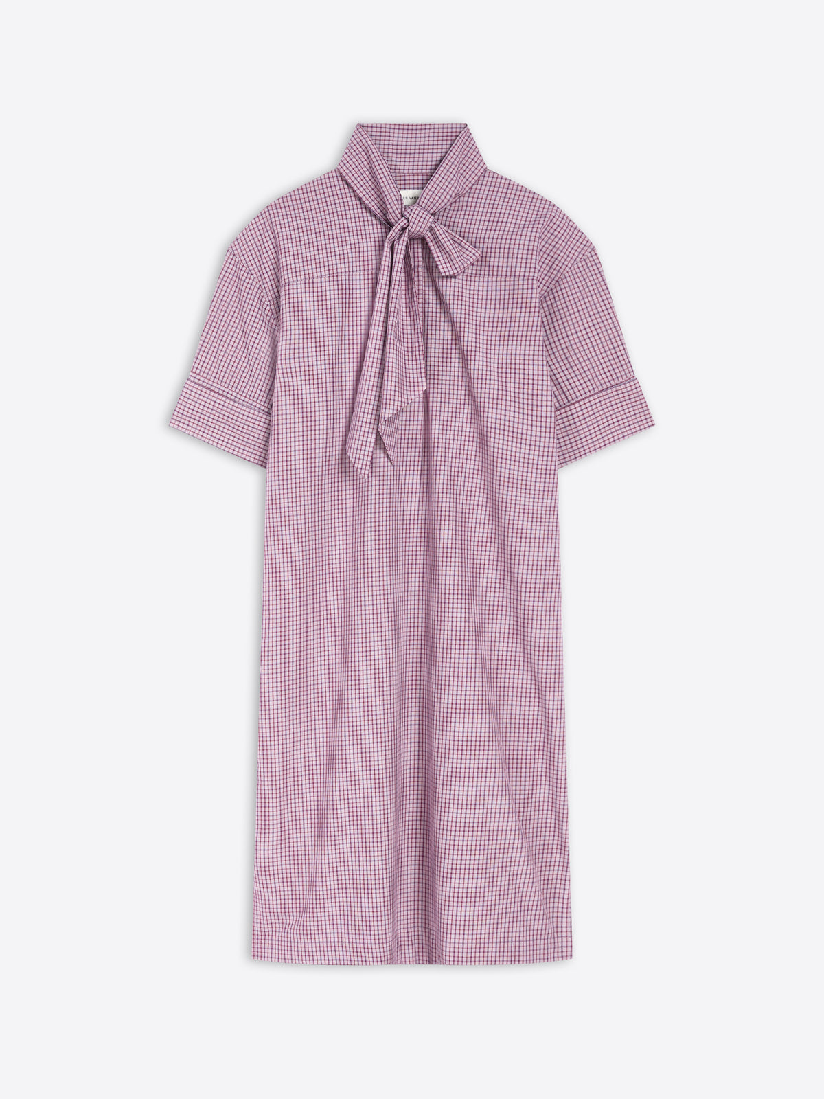 Purple checkered dress with a bow neckline on a white background