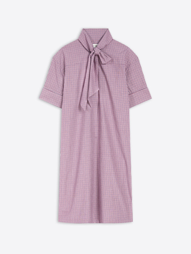 Purple checkered dress with a bow neckline on a white background