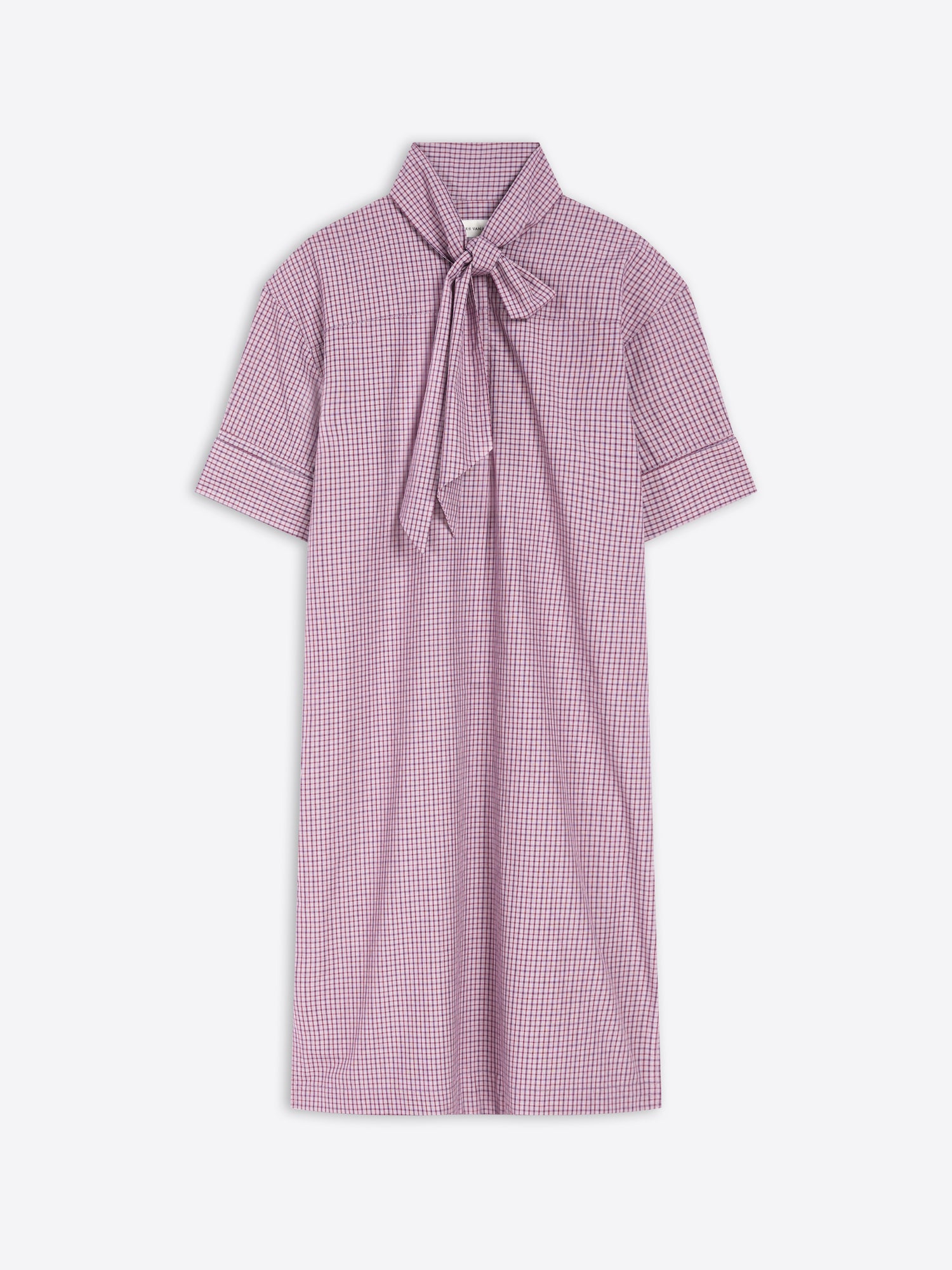 Purple checkered dress with a bow neckline on a white background
