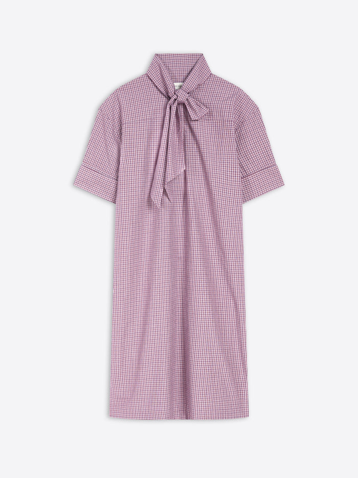 Purple checkered dress with a bow neckline on a white background