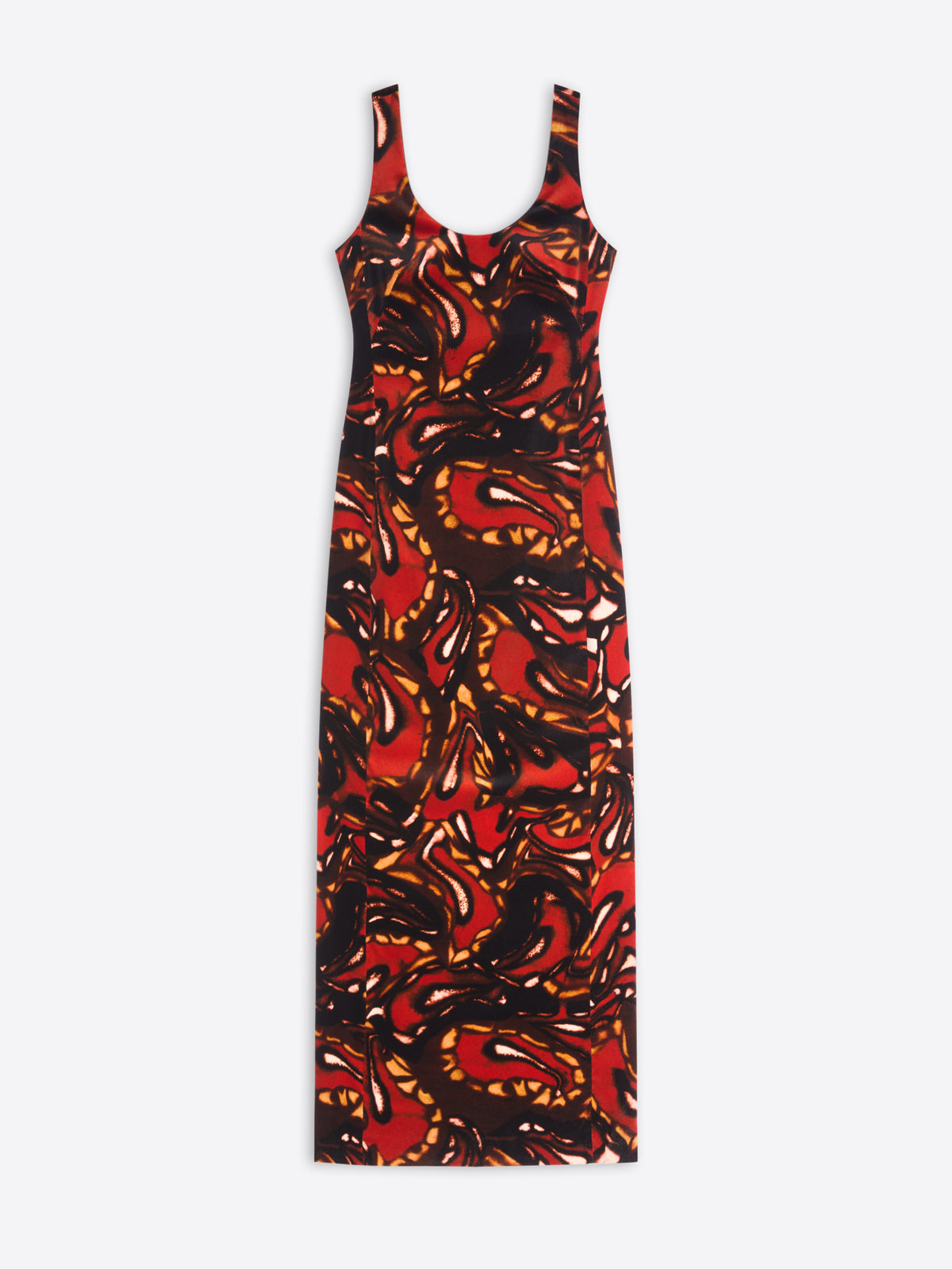 Long dress with a red and black abstract pattern on a white background