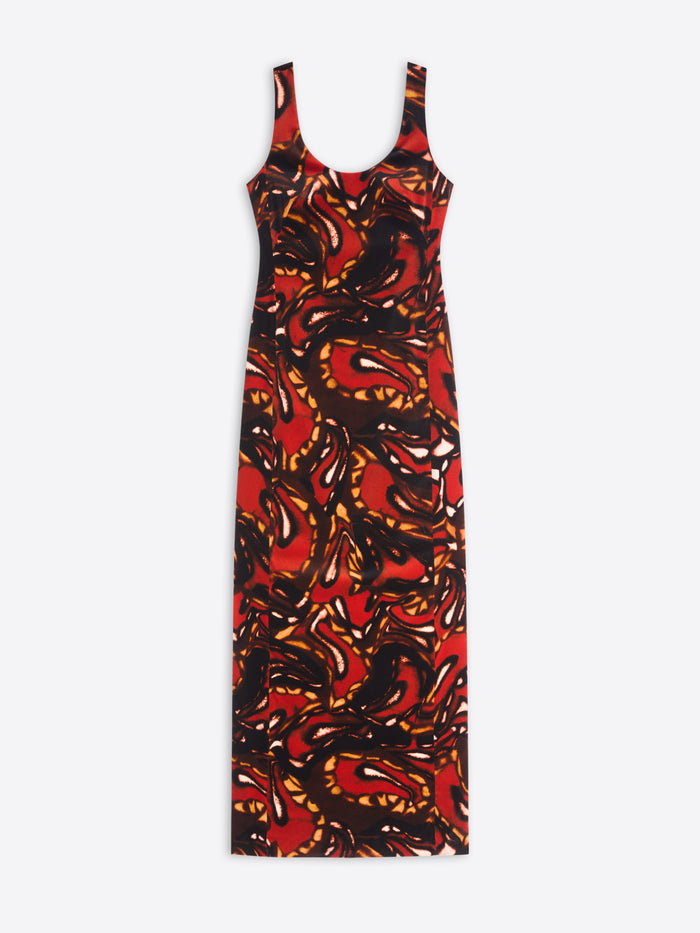 Long dress with a red and black abstract pattern on a white background
