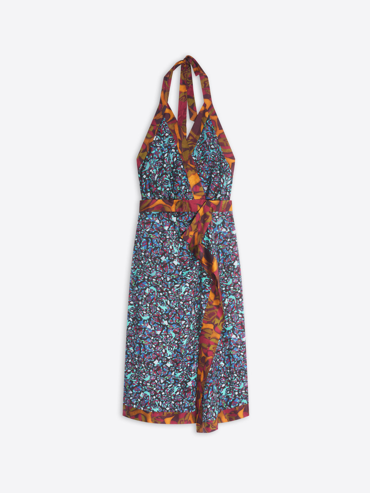 Colorful halter neck dress with a pattern on a white background