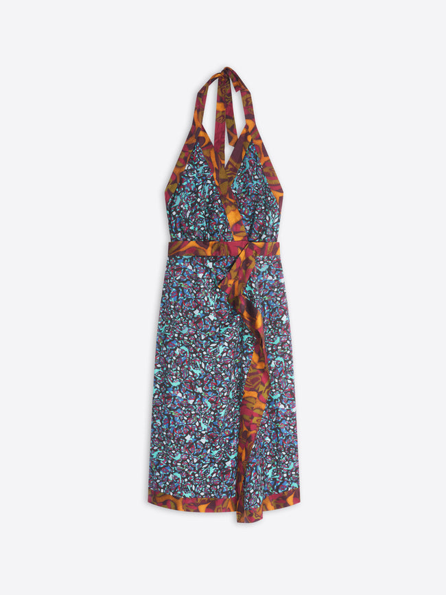 Colorful halter neck dress with a pattern on a white background