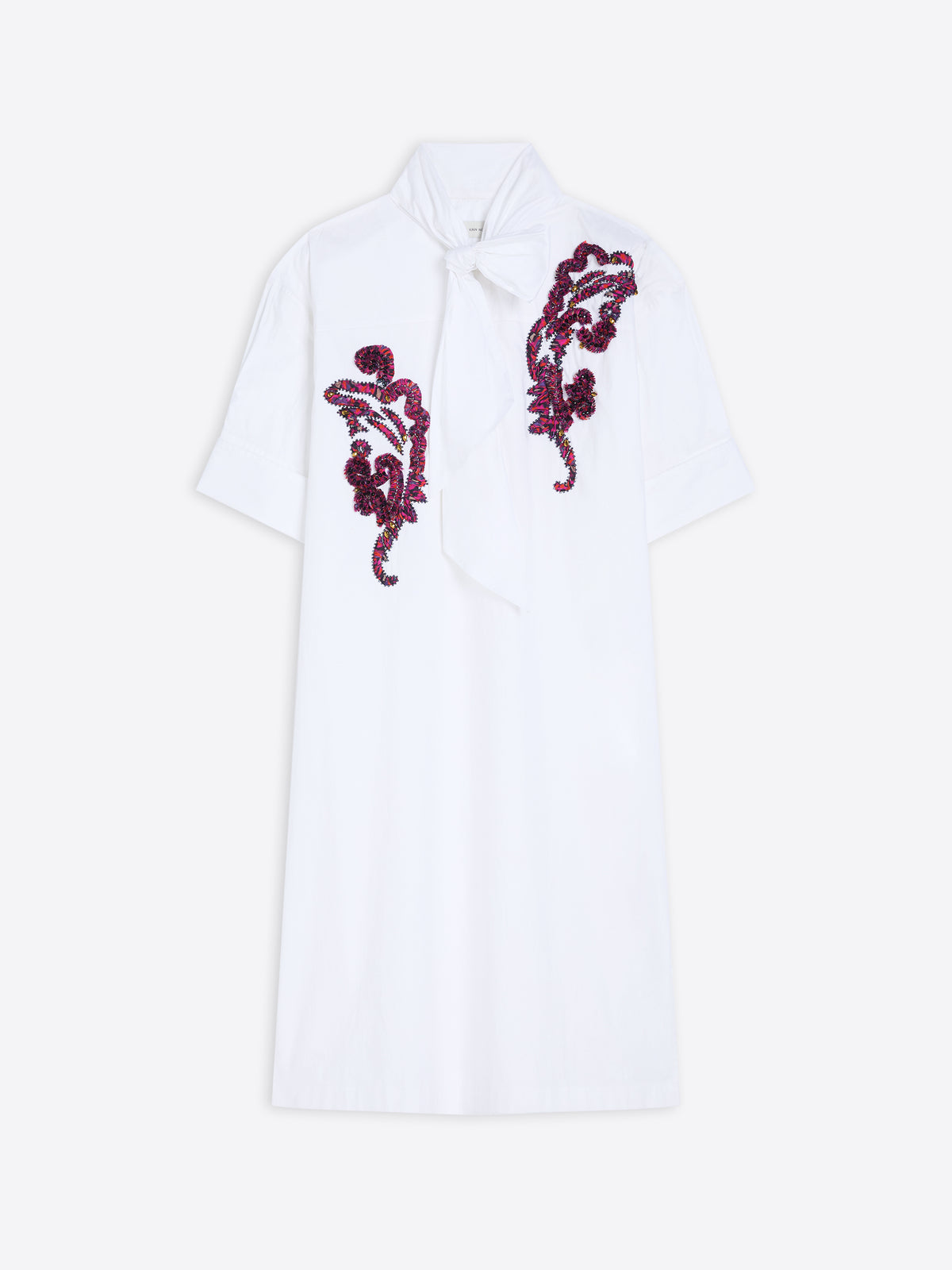 White shirt with purple floral embroidery on a white background