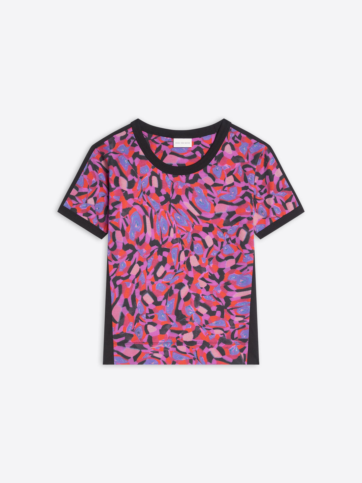 Colorful patterned t-shirt on a white background