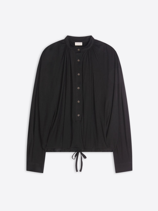 Black button-up shirt with a drawstring detail on a white background
