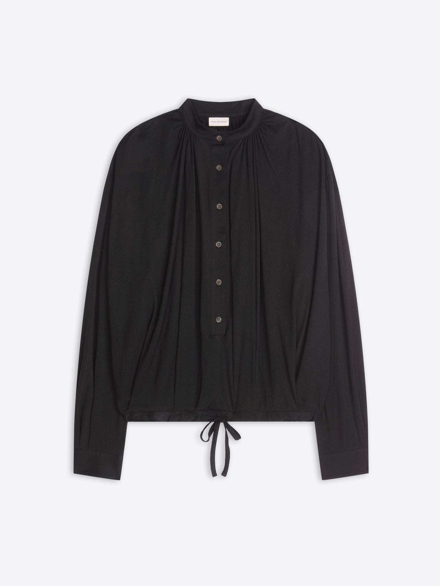 Black button-up shirt with a drawstring detail on a white background
