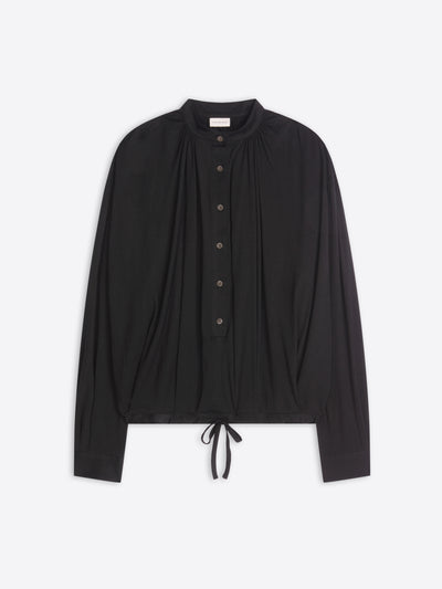 Black button-up shirt with a drawstring detail on a white background