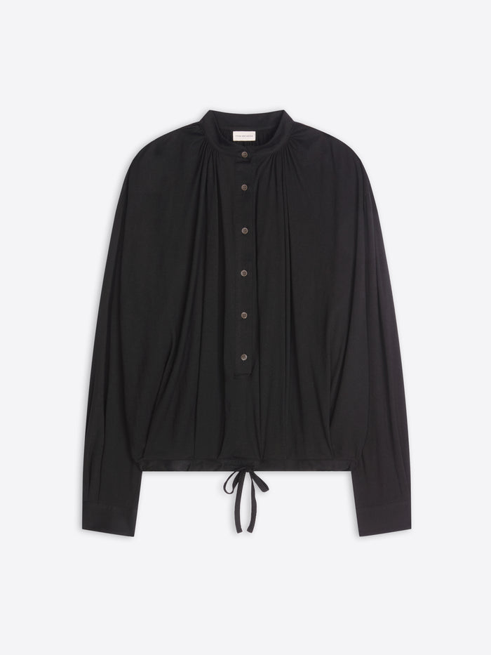 Black button-up shirt with a drawstring detail on a white background