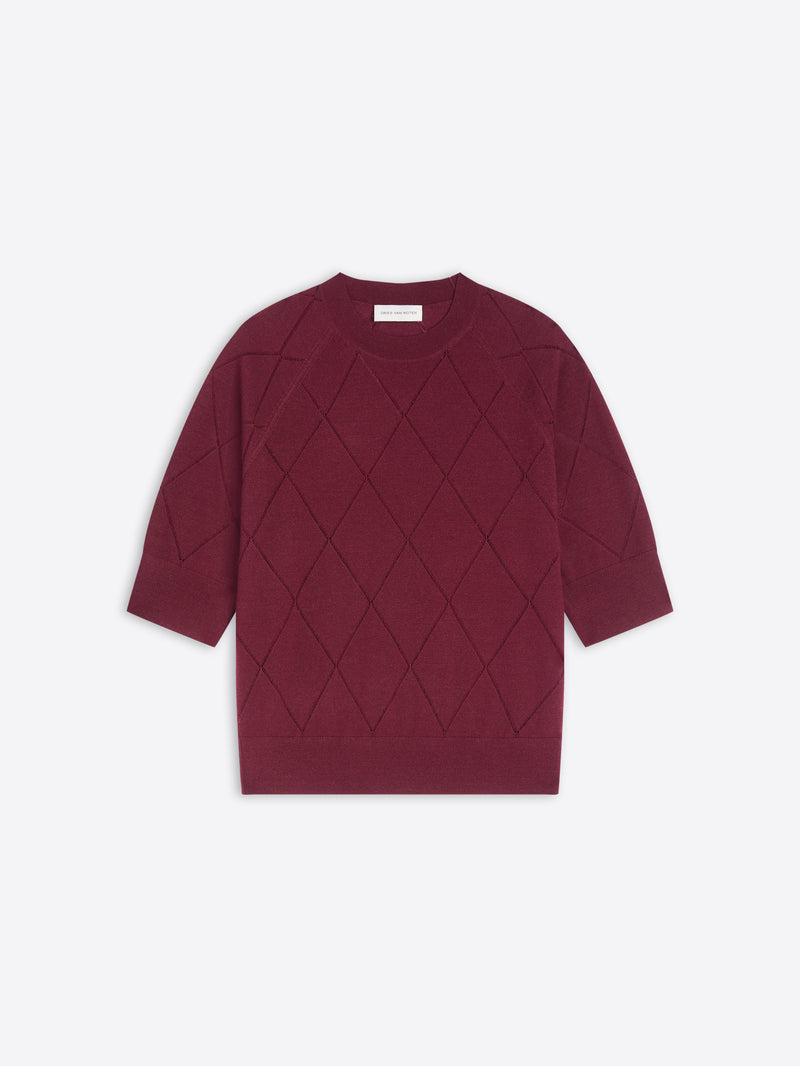 Burgundy knit top with diamond pattern on a white background