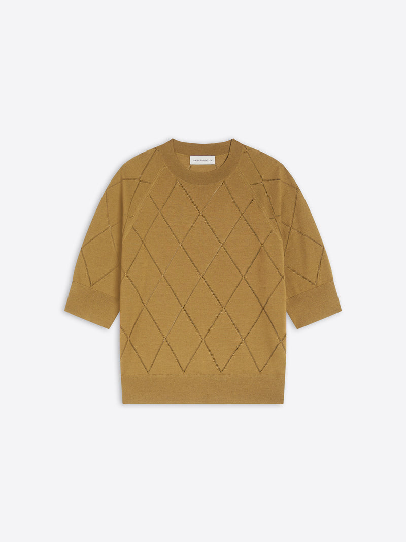 Yellow mustard knit top with diamond pattern on a white background