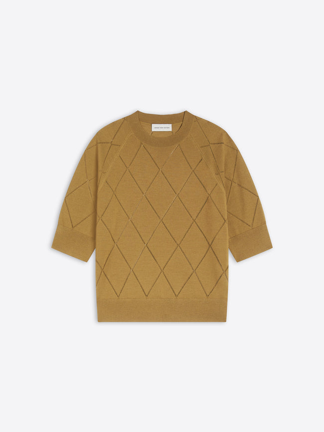 Yellow mustard knit top with diamond pattern on a white background