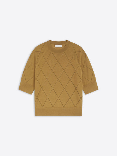 Yellow mustard knit top with diamond pattern on a white background