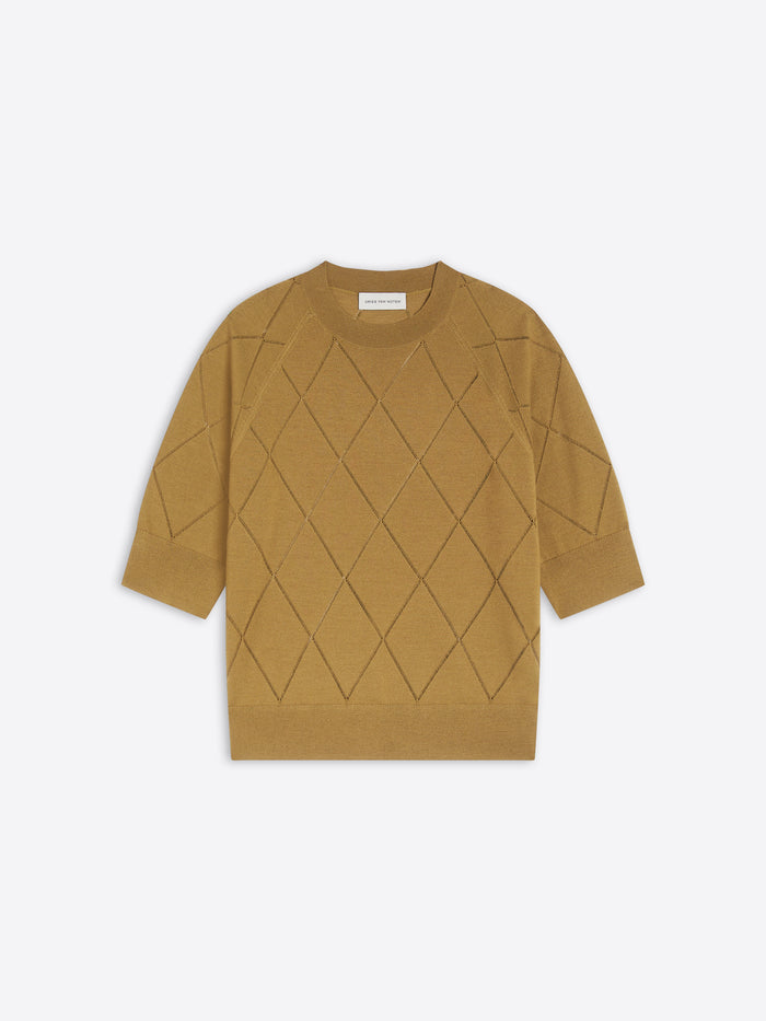 Yellow mustard knit top with diamond pattern on a white background