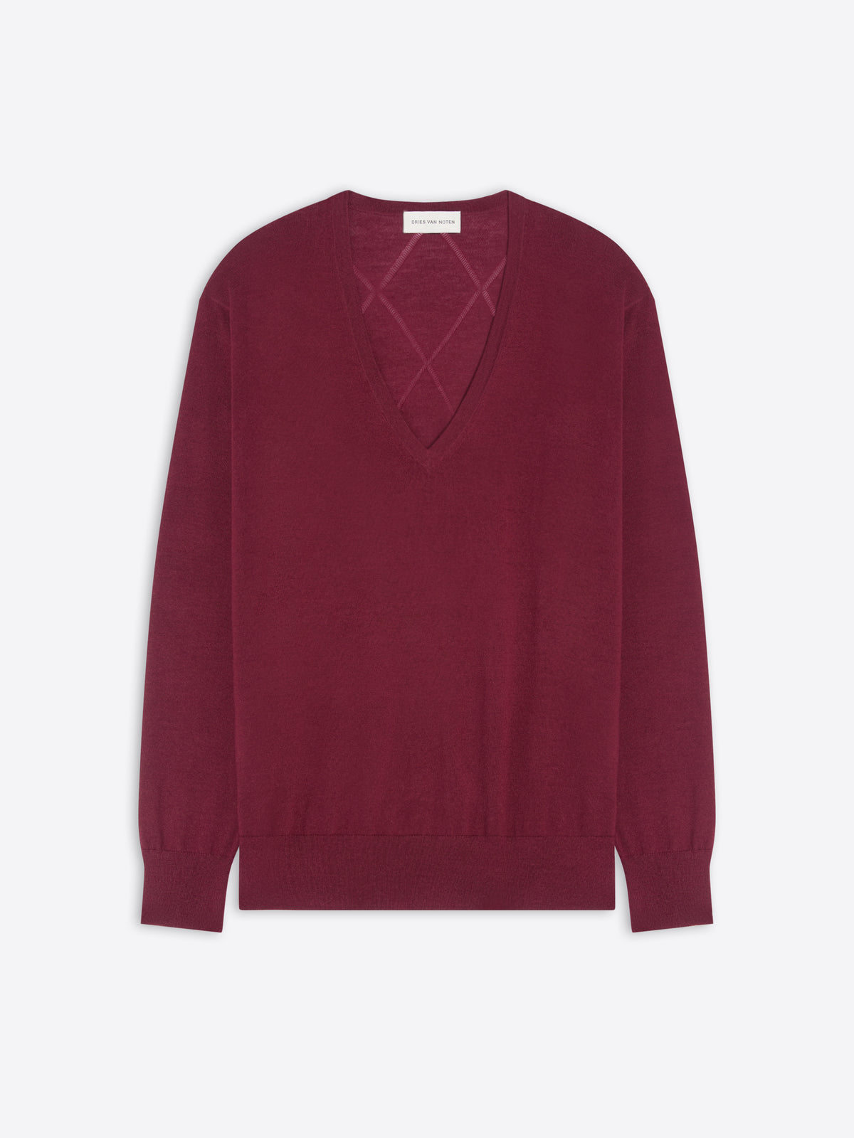 Burgundy sweater with a geometric cutout design on a white background
