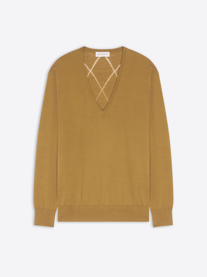 Mustard yellow sweater with a V-neck on a white background