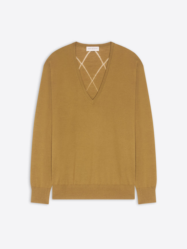 Mustard yellow sweater with a V-neck on a white background