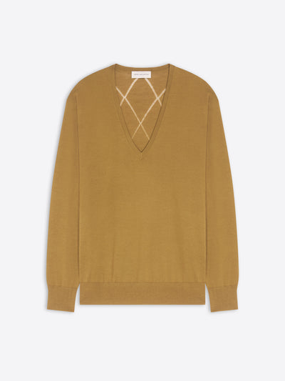 Mustard yellow sweater with a V-neck on a white background