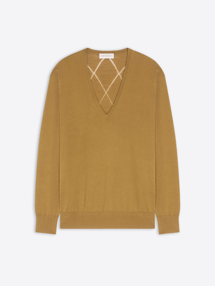 Mustard yellow sweater with a V-neck on a white background
