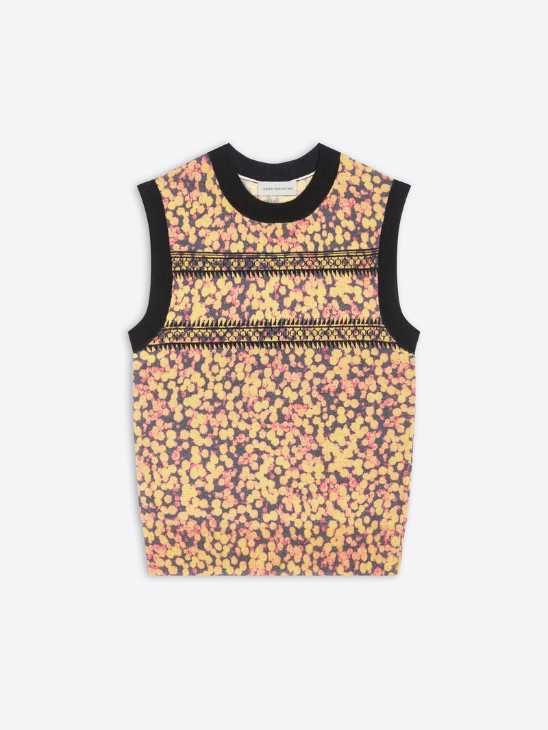 Multicolored sleeveless top with lace details on a white background