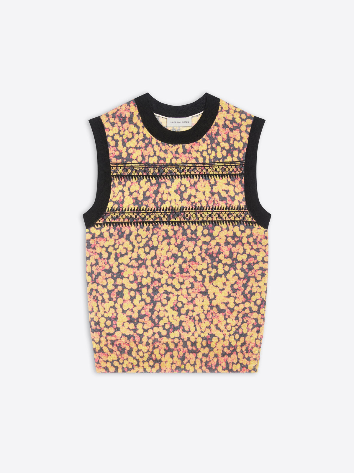 Multicolored sleeveless top with lace details on a white background
