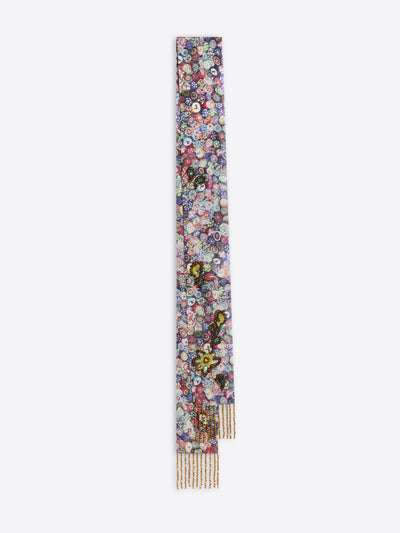Multicolored floral patterned scarf with gold accents on a white background
