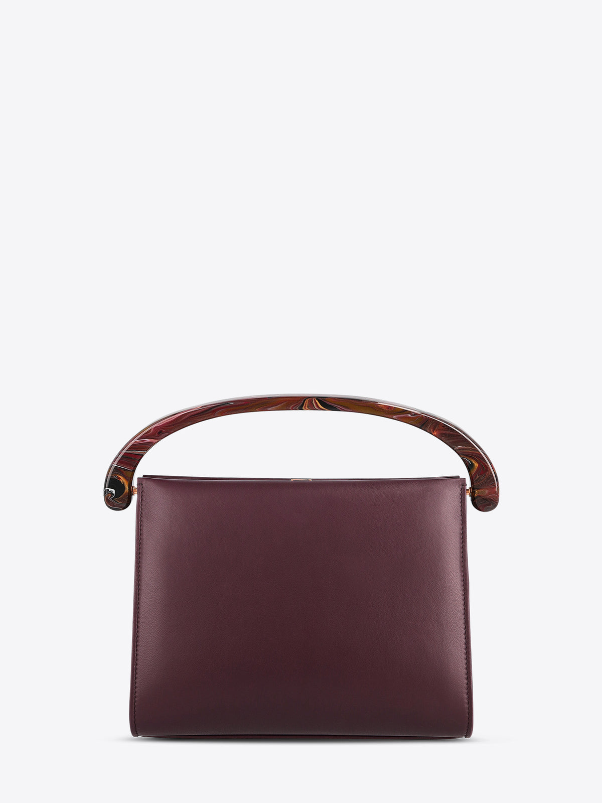Burgundy handbag with wooden handle on a white background