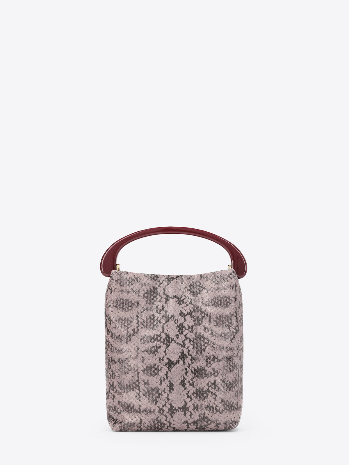 Small handbag with snake print and burgundy handle on a white background