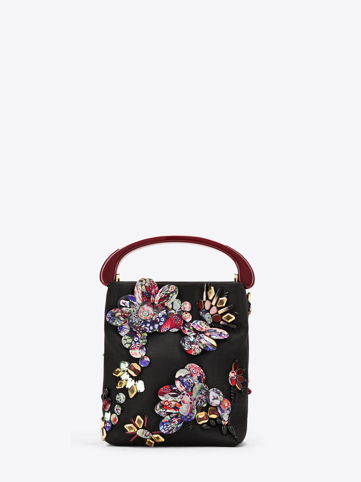 Black handbag with colorful floral embellishments on a white background