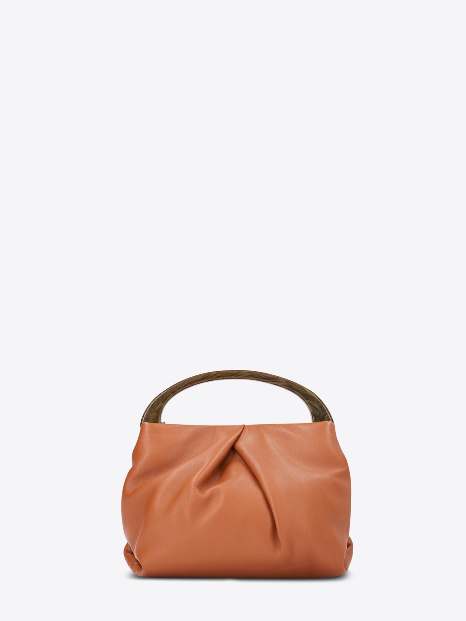 Orange leather handbag on a white background