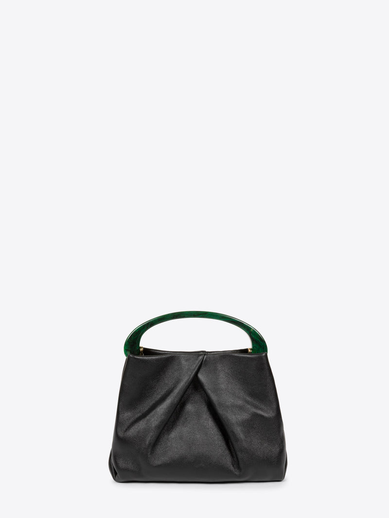 A black leather slouchy handbag with a curved dark green handle, shown against a light gray background.