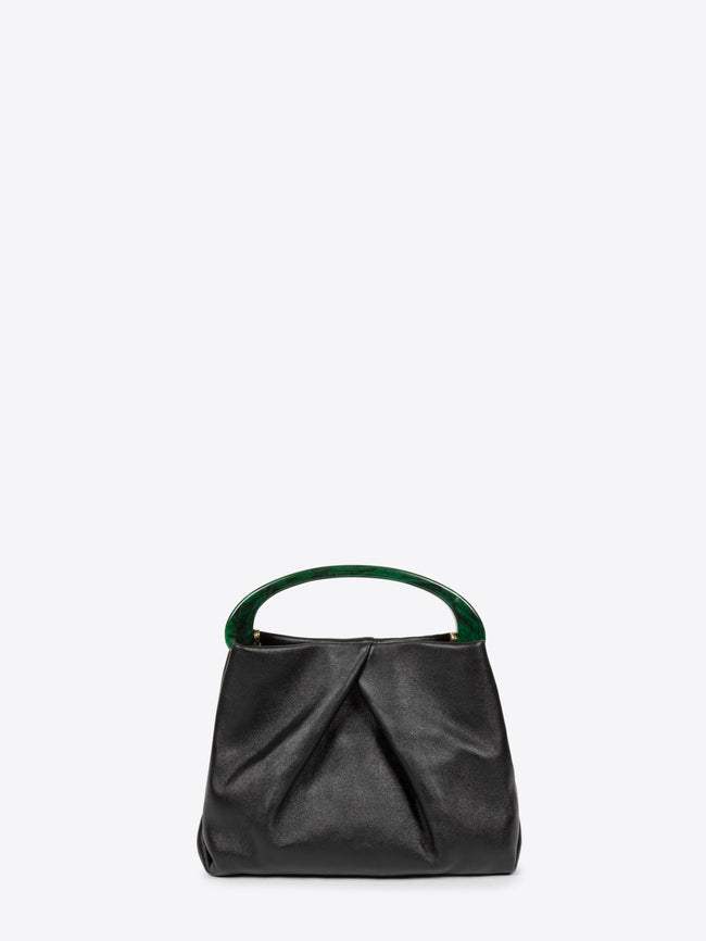 A black leather slouchy handbag with a curved dark green handle, shown against a light gray background.