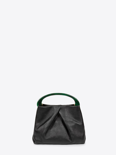 A black leather slouchy handbag with a curved dark green handle, shown against a light gray background.