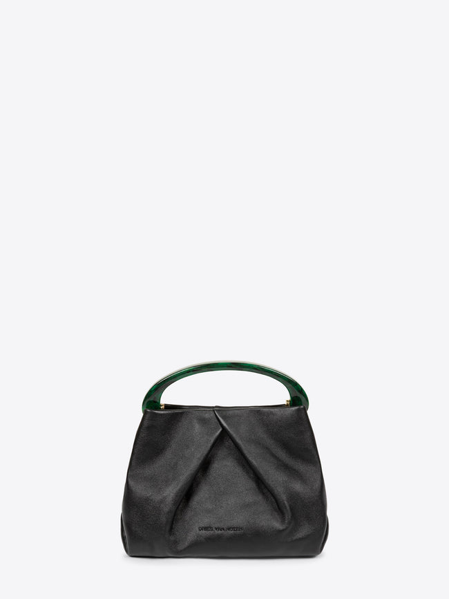 A black leather slouchy handbag with a curved dark green handle, shown against a light gray background.