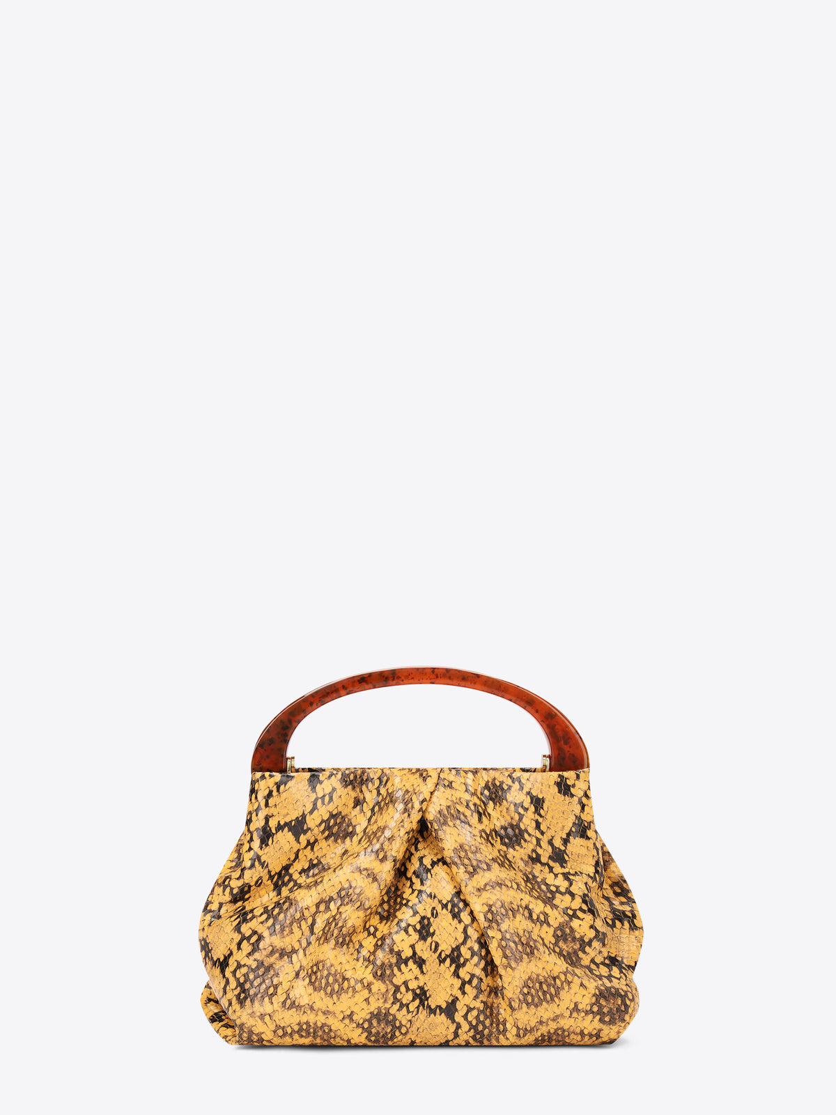 Yellow patterned handbag with brown handle on a white background