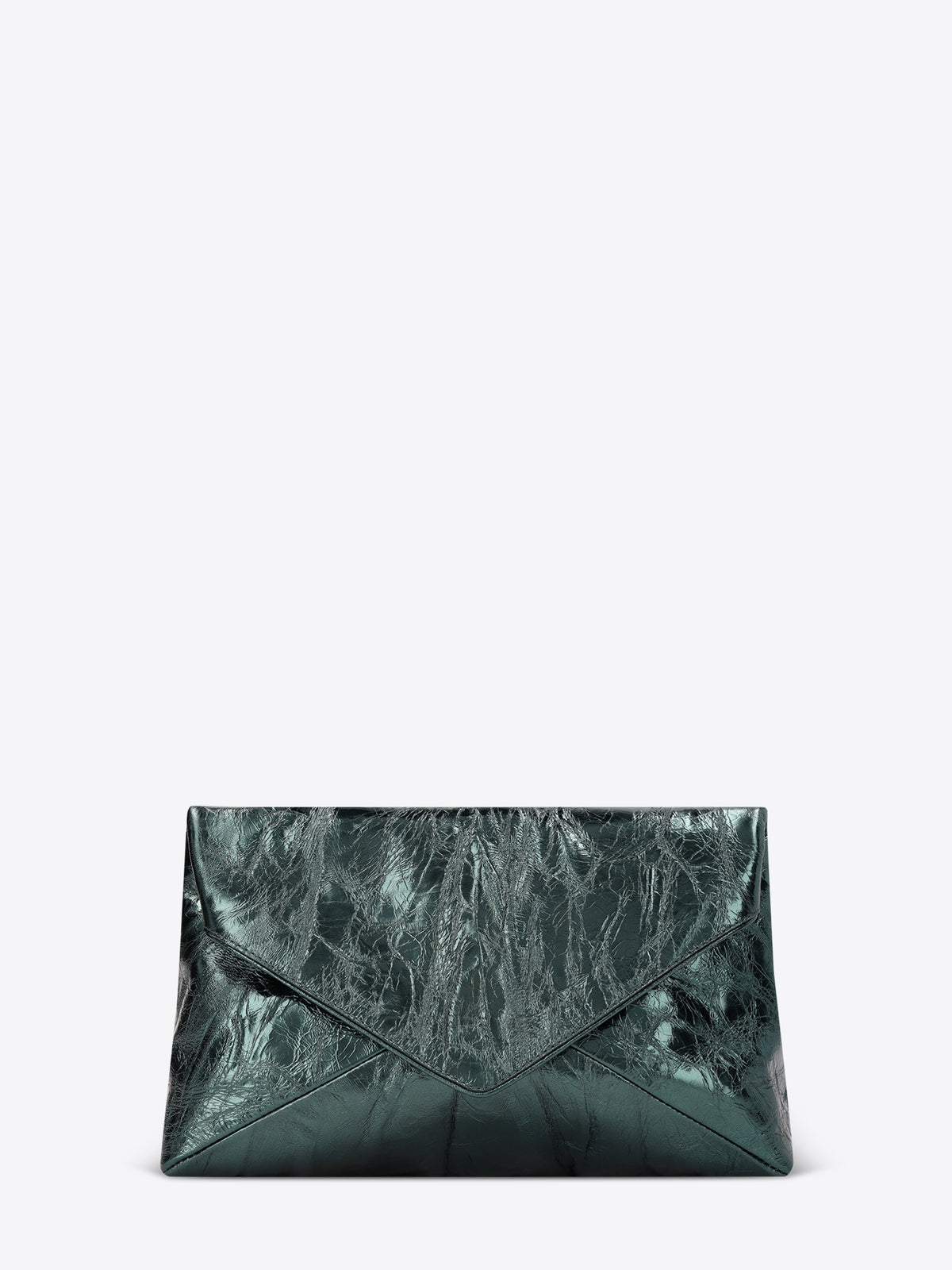 Metallic teal leather clutch bag with a crinkled texture and minimalist silhouette 