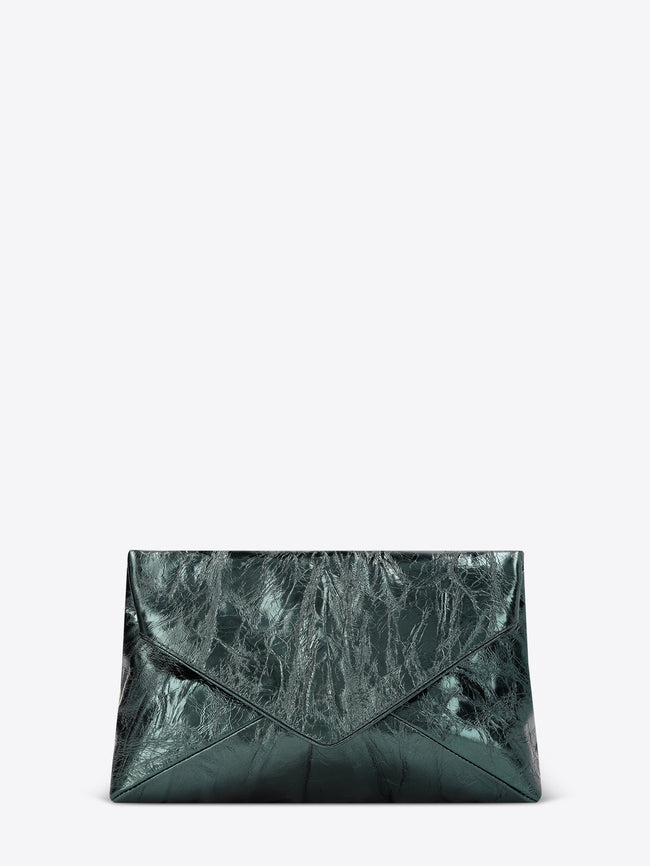 Metallic teal leather clutch bag with a crinkled texture and minimalist silhouette 