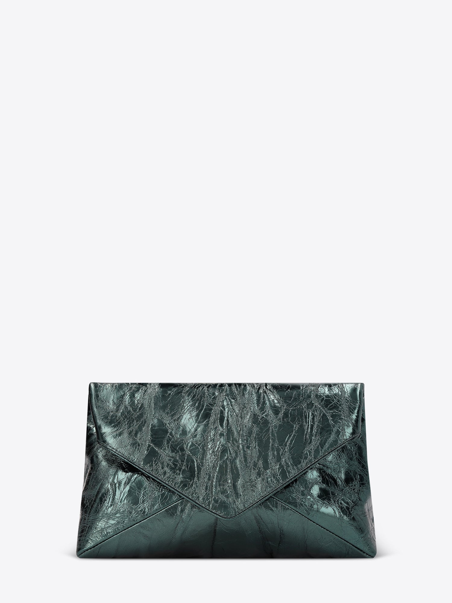 Metallic teal leather clutch bag with a crinkled texture and minimalist silhouette 