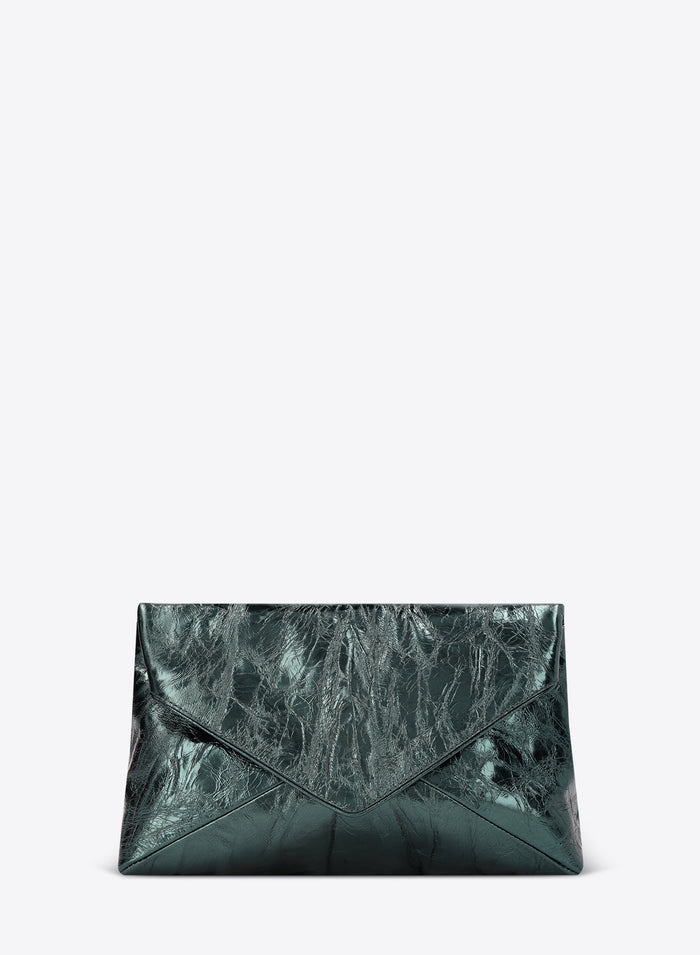 Metallic teal leather clutch bag with a crinkled texture and minimalist silhouette 