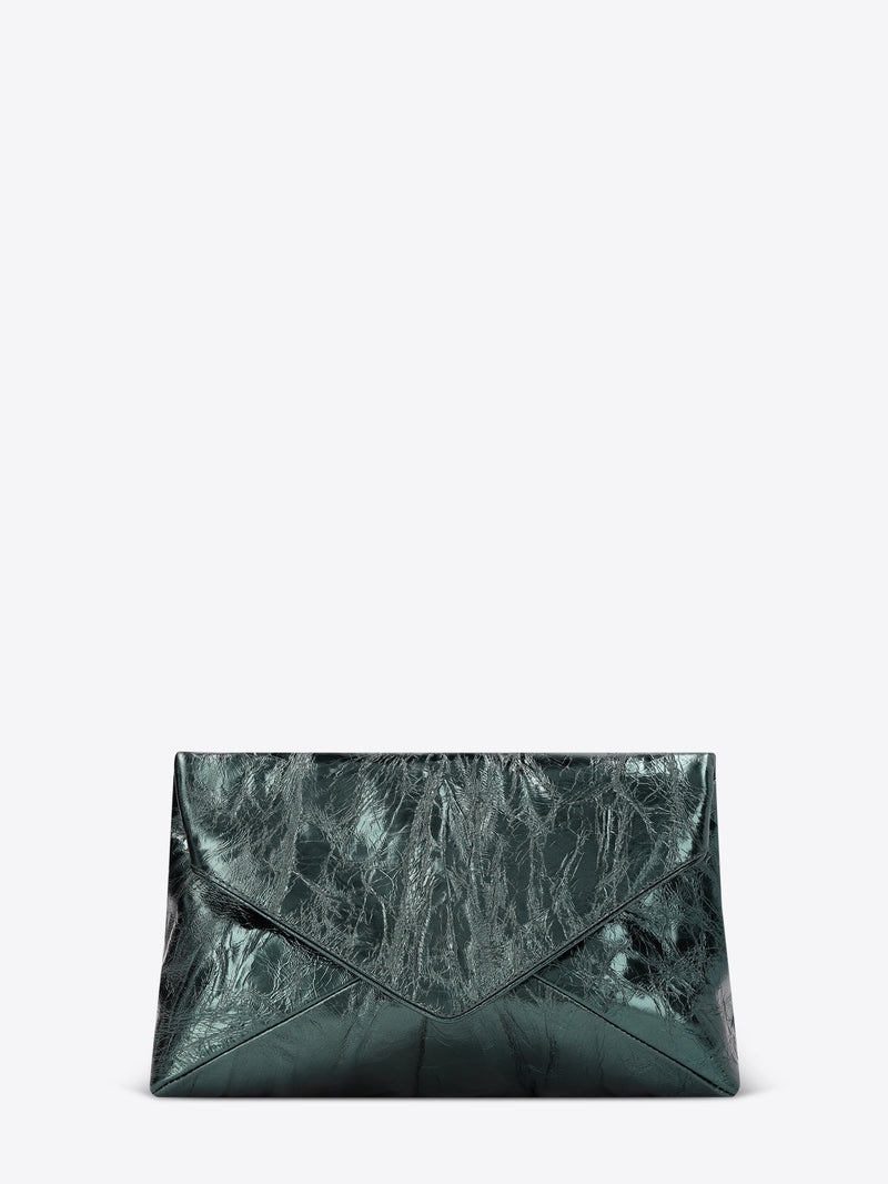 Metallic teal leather clutch bag with a crinkled texture and minimalist silhouette 