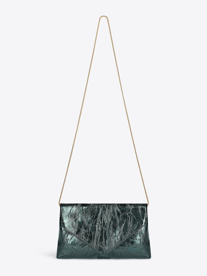 Metallic teal leather clutch bag with a crinkled texture and minimalist silhouette with a metal strap