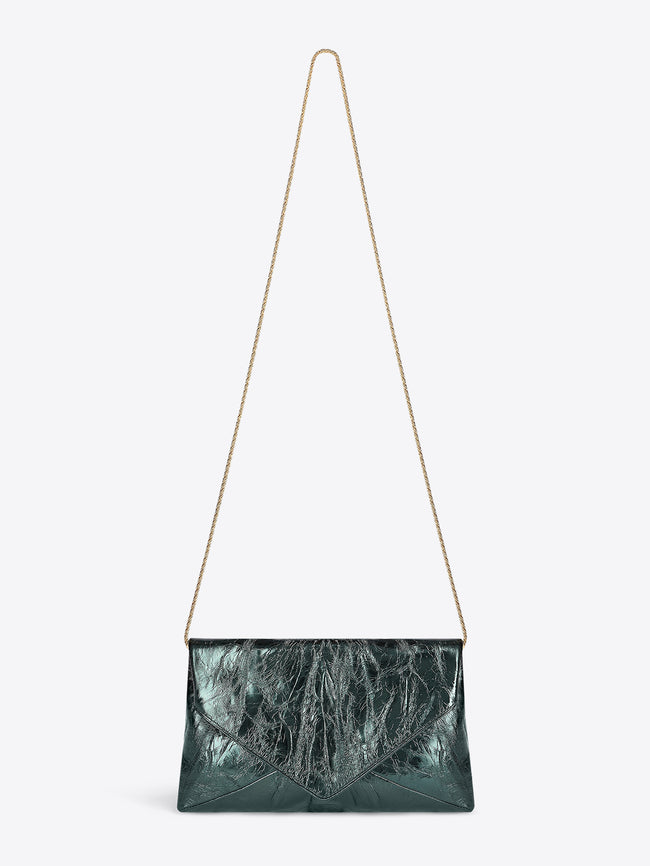 Metallic teal leather clutch bag with a crinkled texture and minimalist silhouette with a metal strap