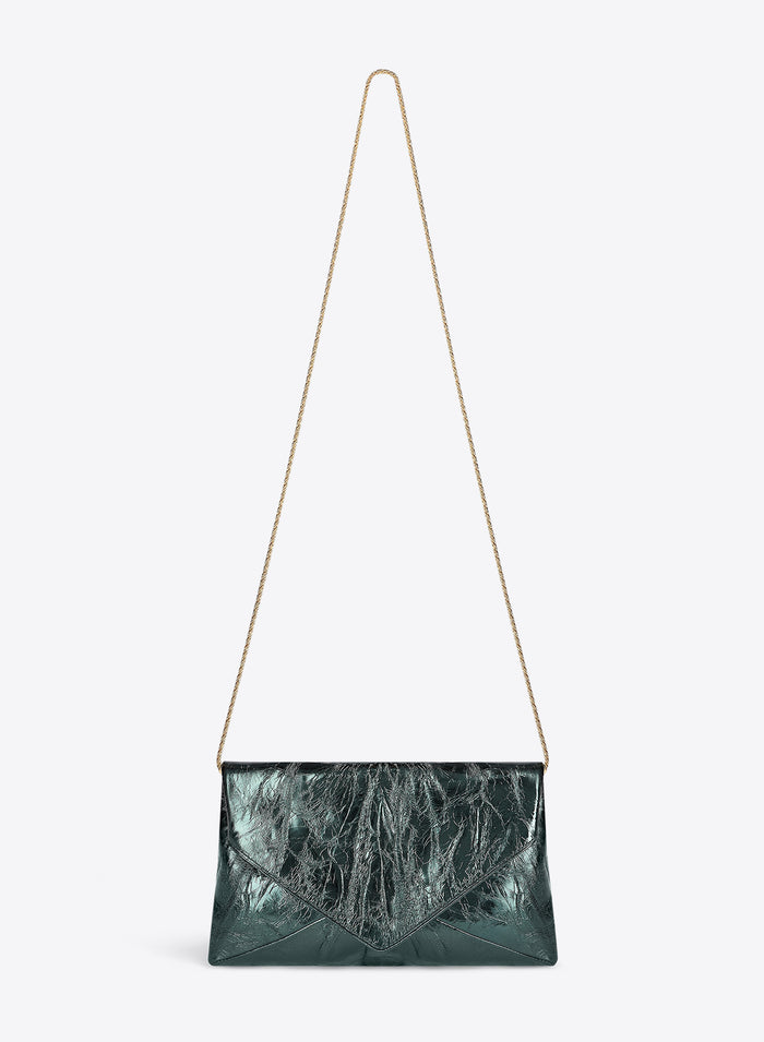 Metallic teal leather clutch bag with a crinkled texture and minimalist silhouette with a metal strap